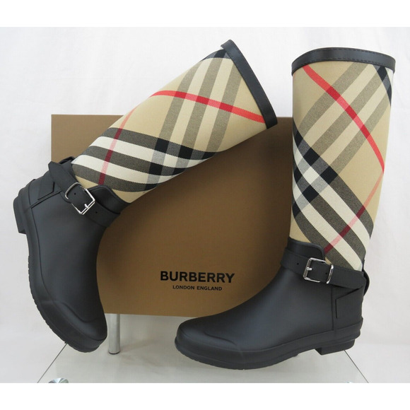 BURBERRY SIMEON BLACK RUBBER BEIGE CHECK LOGO KNEE HIGH RAIN BOOTS US 9 EU 39 - Picture 3 of 14